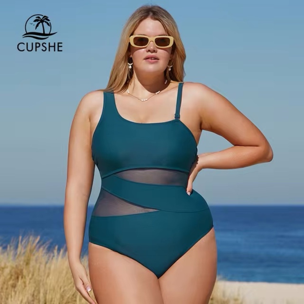 CUPSHE Plus Size Mesh One Shoulder One Piece Swimsuit l